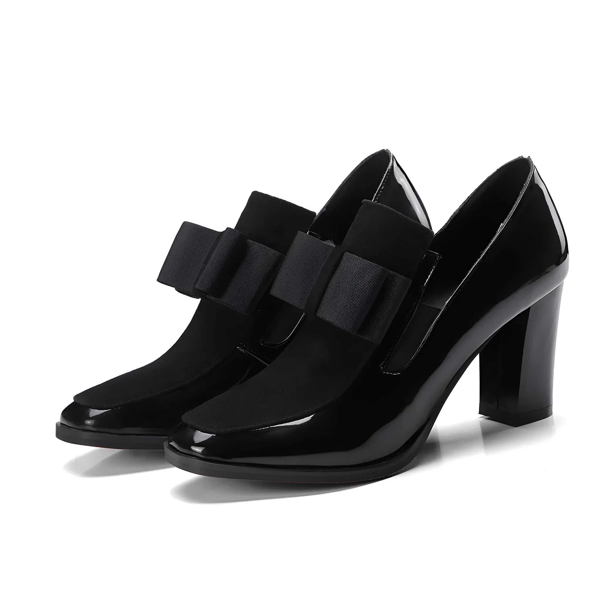 Large size women's black high heels with thick heel and square toe
