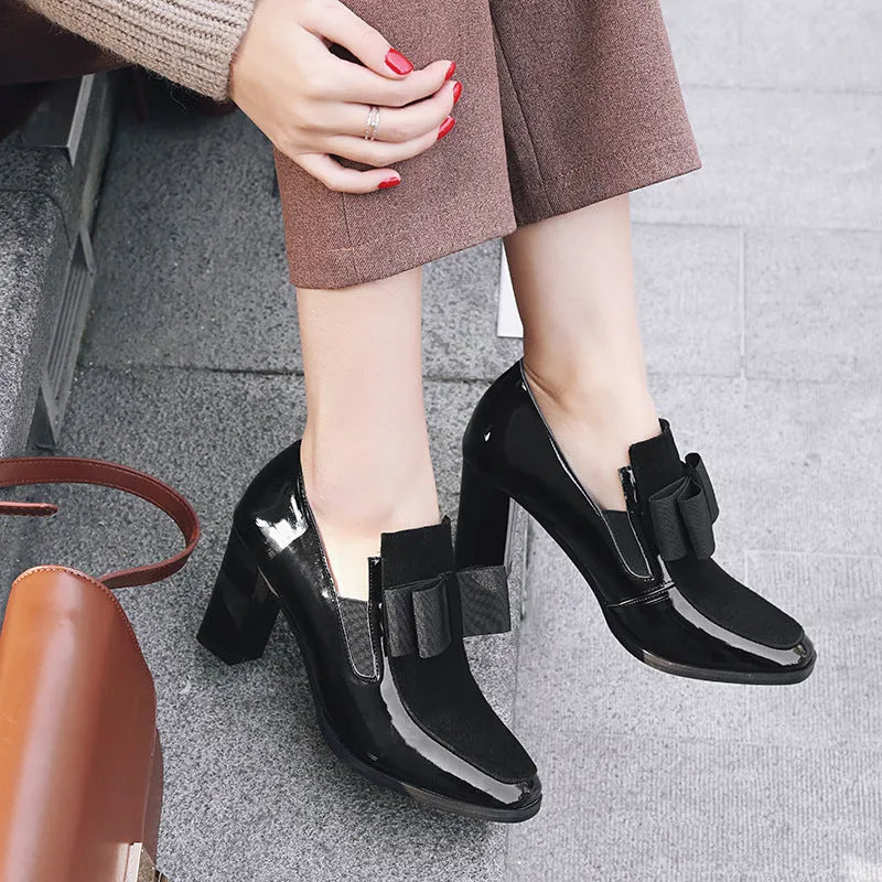 Large size women's black high heels with thick heel and square toe