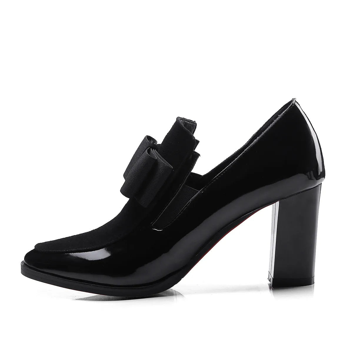 Large size women's black high heels with thick heel and square toe