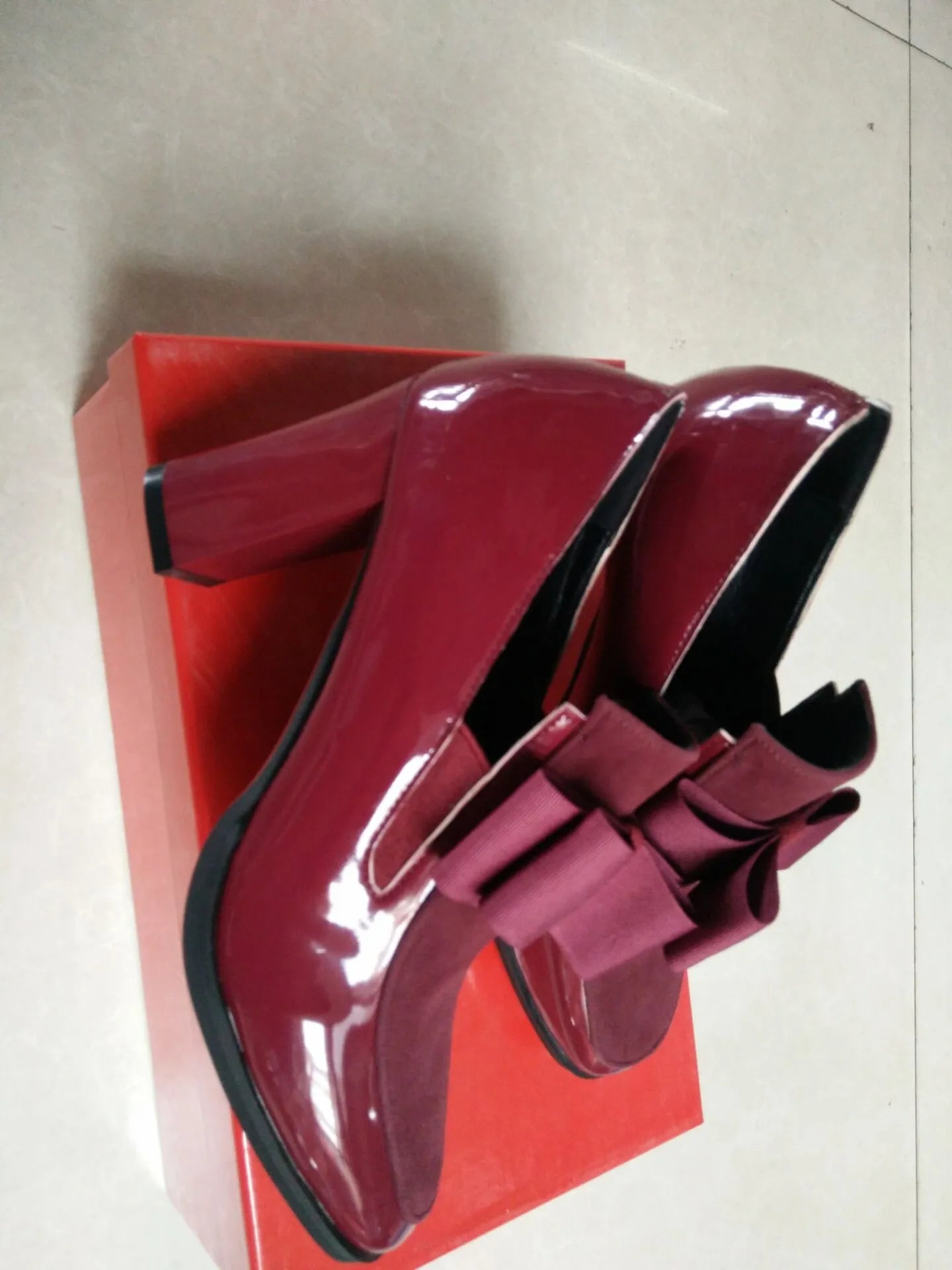 Large size women's black high heels with thick heel and square toe