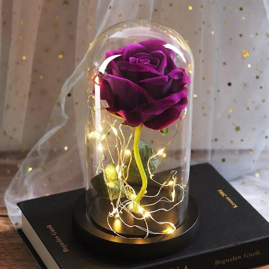 LED illuminated silk rose bouquet ornament with glass cover in gift box.