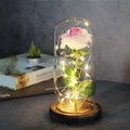 LED illuminated silk rose bouquet ornament with glass cover in gift box.