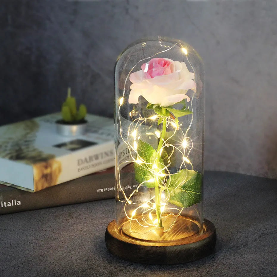 LED illuminated silk rose bouquet ornament with glass cover in gift box.