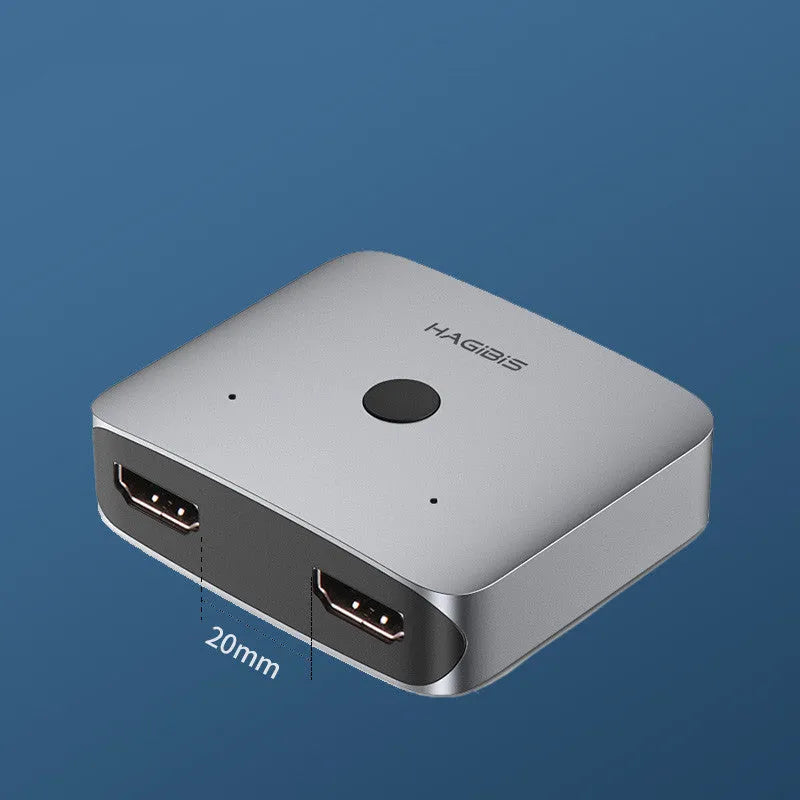 Grey Haibeisi HDMI switcher box showing one input and two output ports for splitting a video signal to two screens.