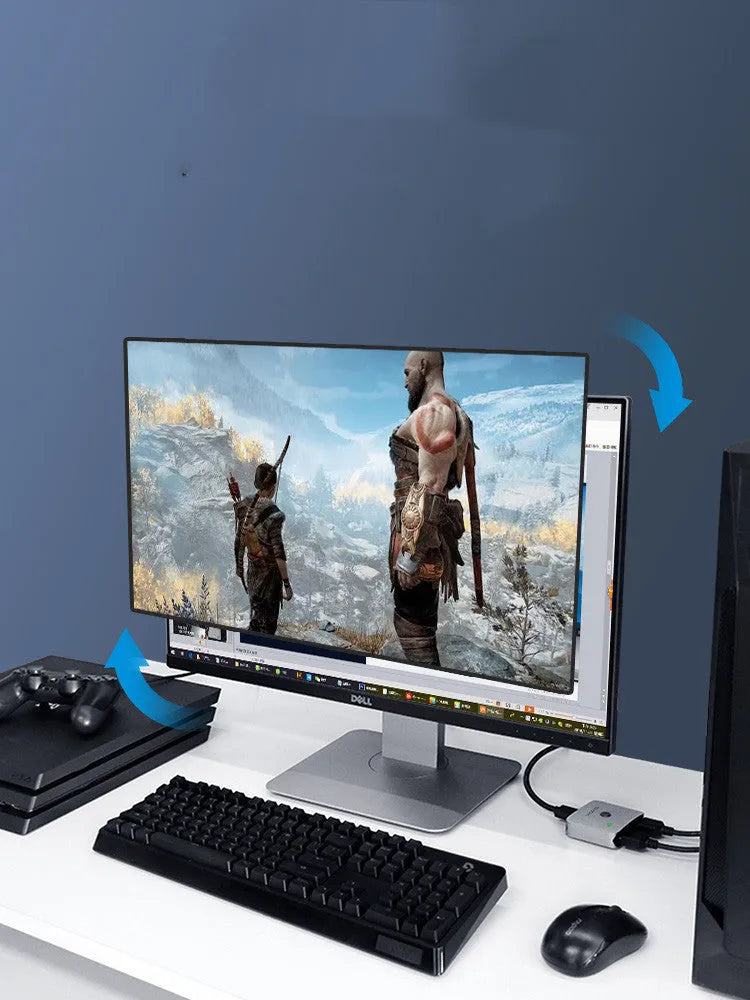 Grey Haibeisi HDMI switcher box showing one input and two output ports for splitting a video signal to two screens.