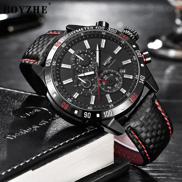 Men's mechanical watch 43mm black dial luminous hands calendar window leather strap silver case