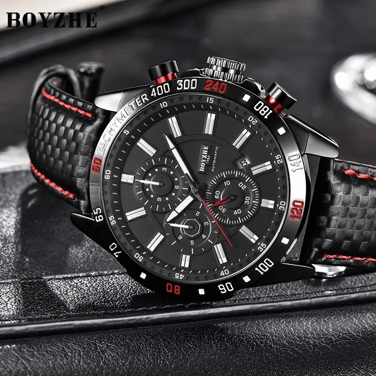 Men's mechanical watch 43mm black dial luminous hands calendar window leather strap silver case