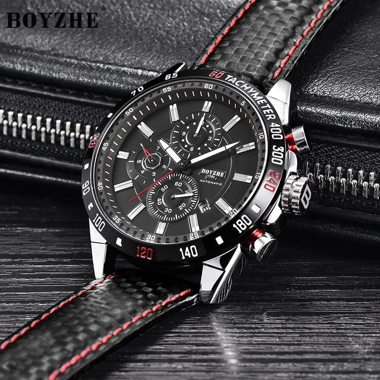 Men's mechanical watch 43mm black dial luminous hands calendar window leather strap silver case