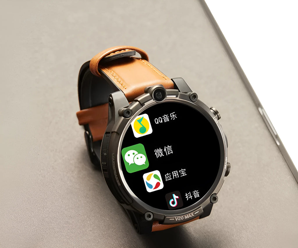 Black smart phone watch with 1.6-inch screen showing interface, wrist strap, and dual camera visible on case