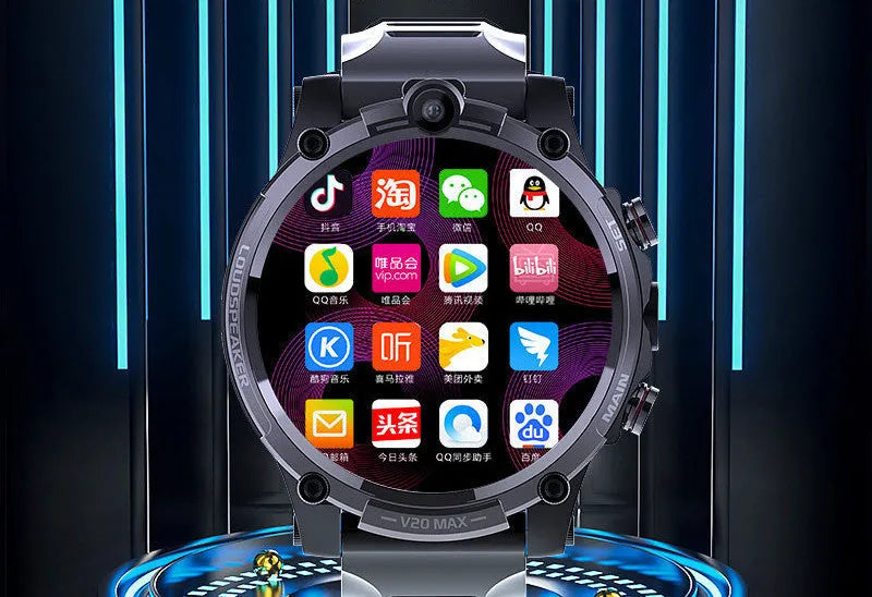 Black smart phone watch with 1.6-inch screen showing interface, wrist strap, and dual camera visible on case