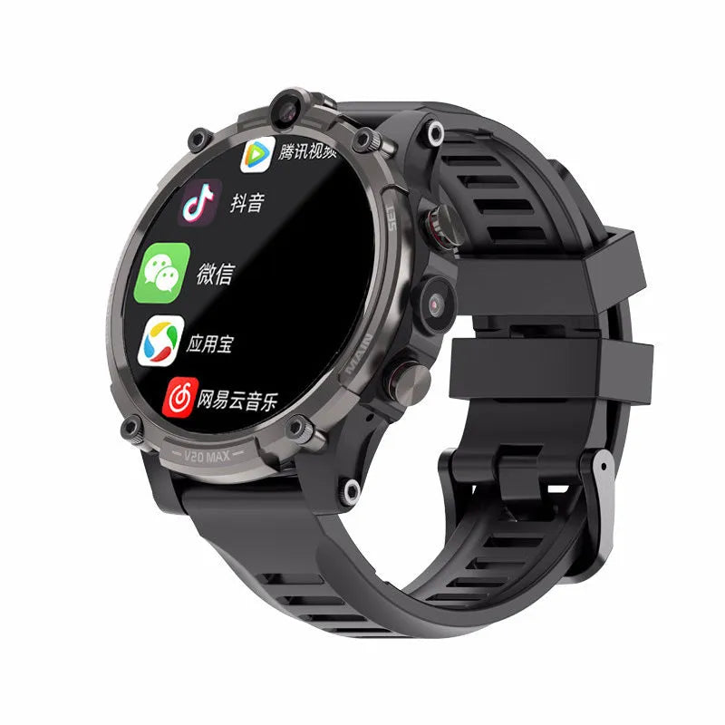 Black smart phone watch with 1.6-inch screen showing interface, wrist strap, and dual camera visible on case