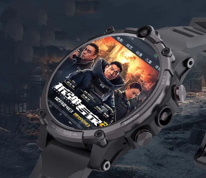 Black smart phone watch with 1.6-inch screen showing interface, wrist strap, and dual camera visible on case