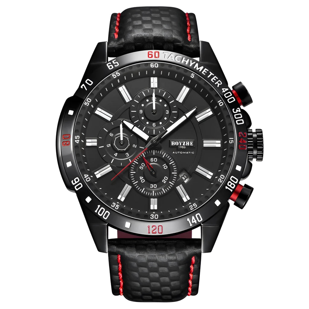 Men's mechanical watch 43mm black dial luminous hands calendar window leather strap silver case