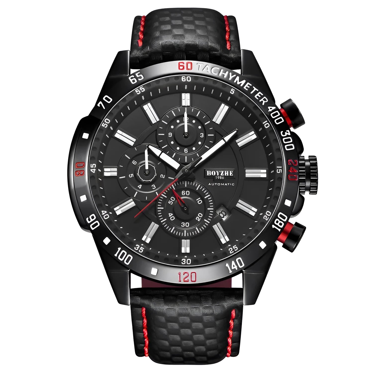 Men's mechanical watch 43mm black dial luminous hands calendar window leather strap silver case