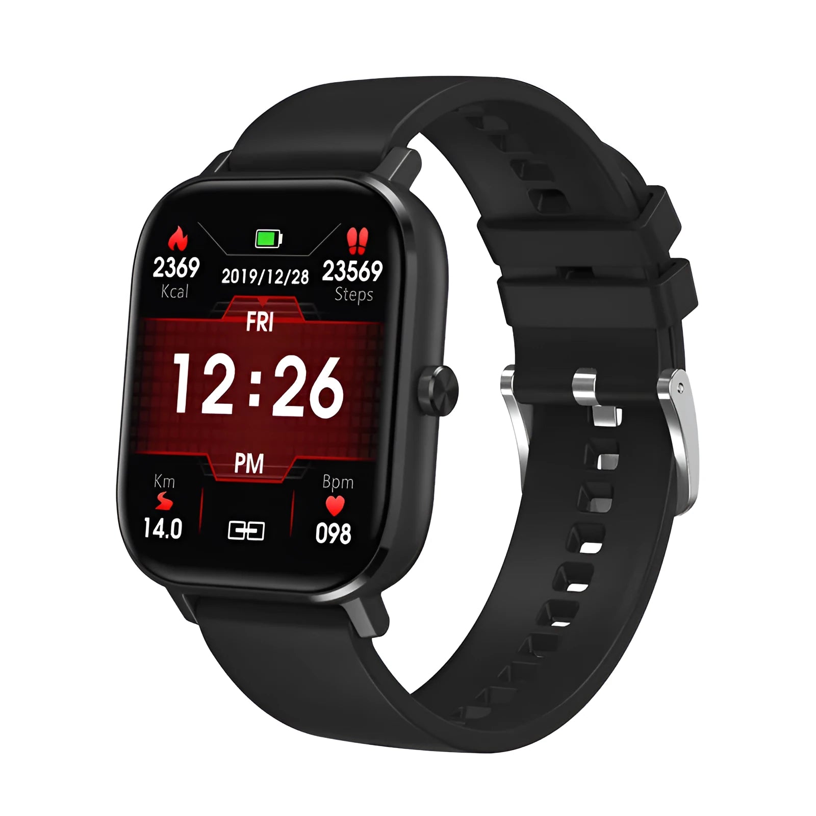 DT35 smart watch with colour screen and black silicone strap on a wrist