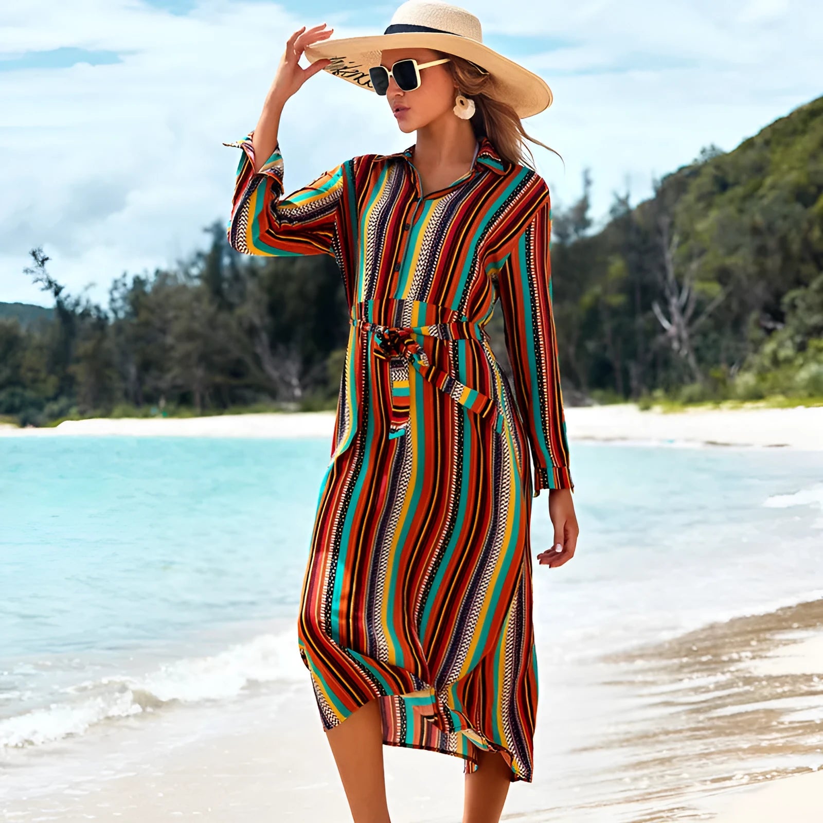 Women's long-sleeved rayon striped beach skirt coverall with belt for seaside sun protection