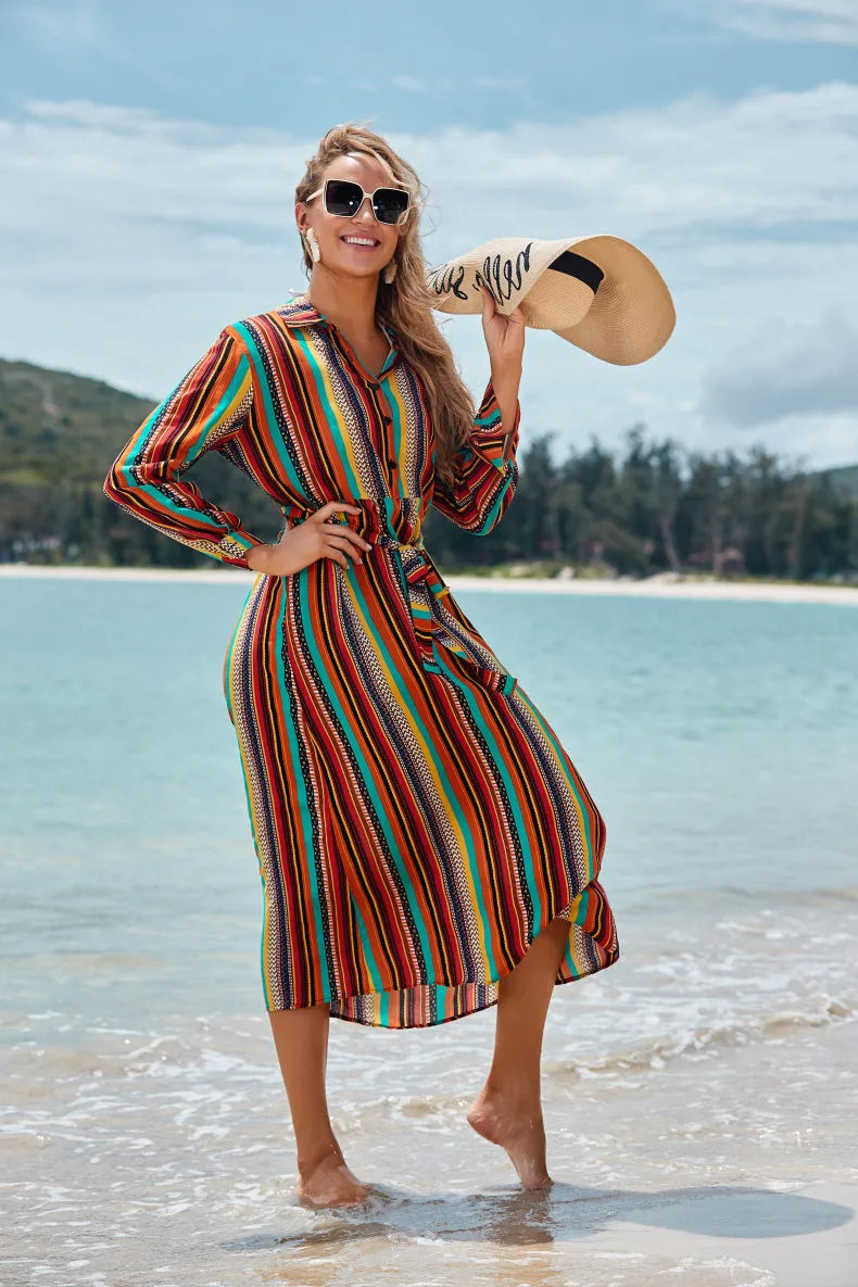 Women's long-sleeved rayon striped beach skirt coverall with belt for seaside sun protection