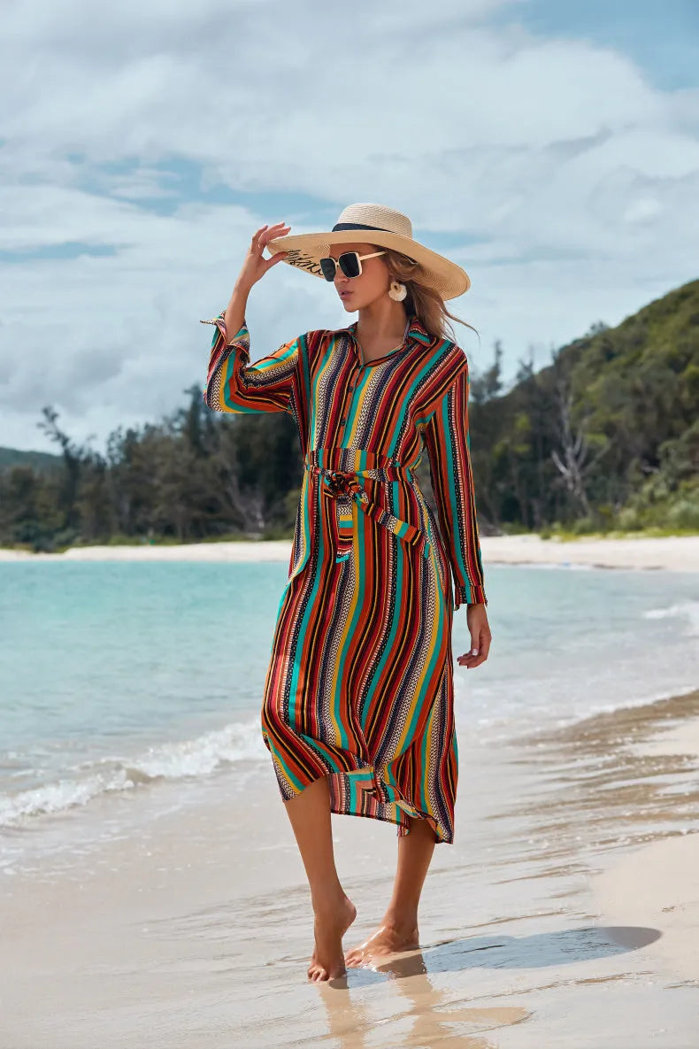 Women's long-sleeved rayon striped beach skirt coverall with belt for seaside sun protection