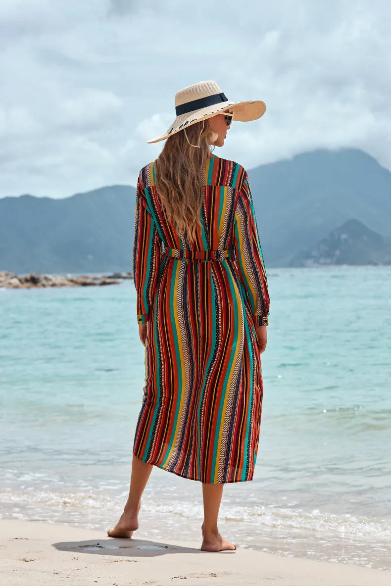 Women's long-sleeved rayon striped beach skirt coverall with belt for seaside sun protection