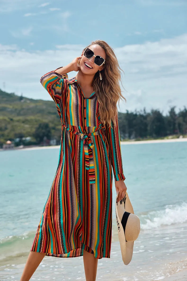 Women's long-sleeved rayon striped beach skirt coverall with belt for seaside sun protection