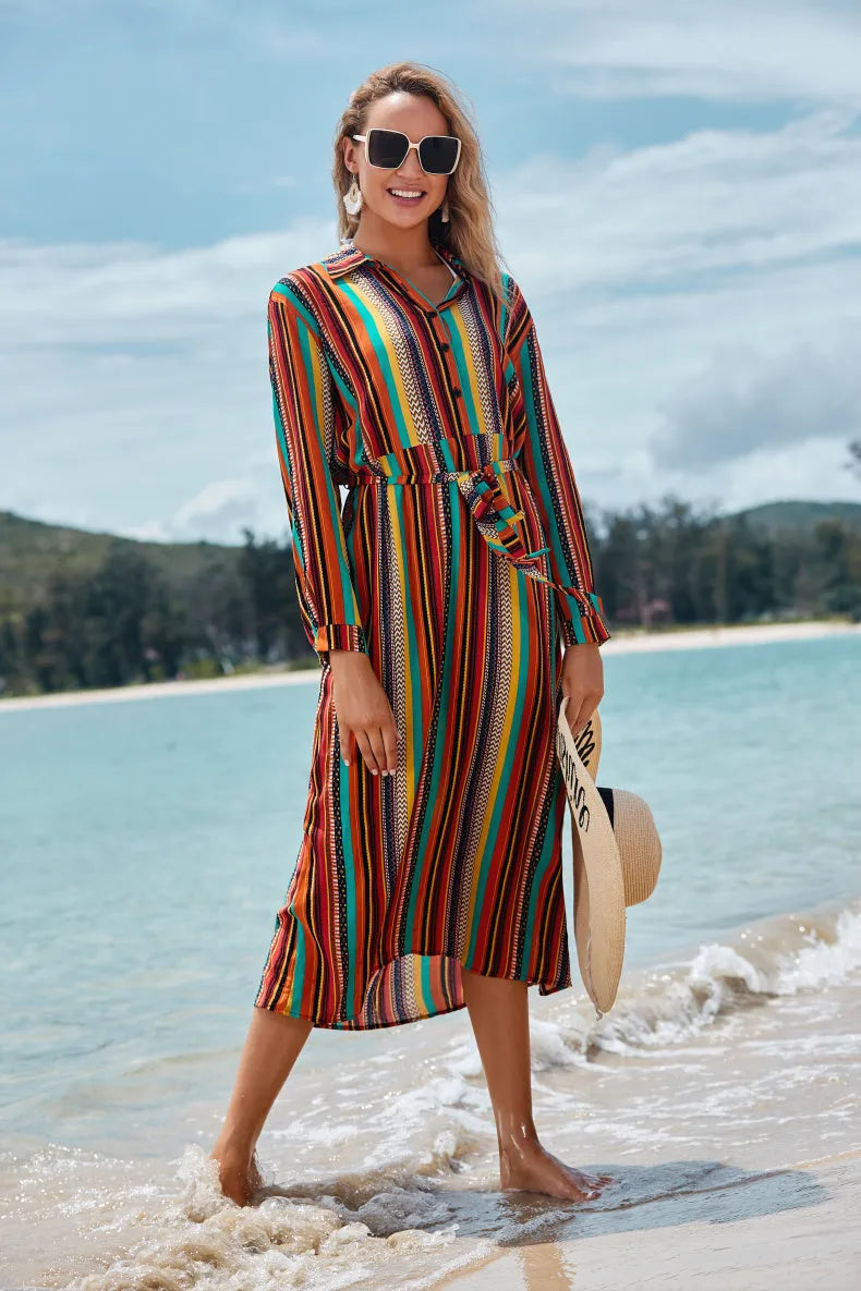 Women's long-sleeved rayon striped beach skirt coverall with belt for seaside sun protection