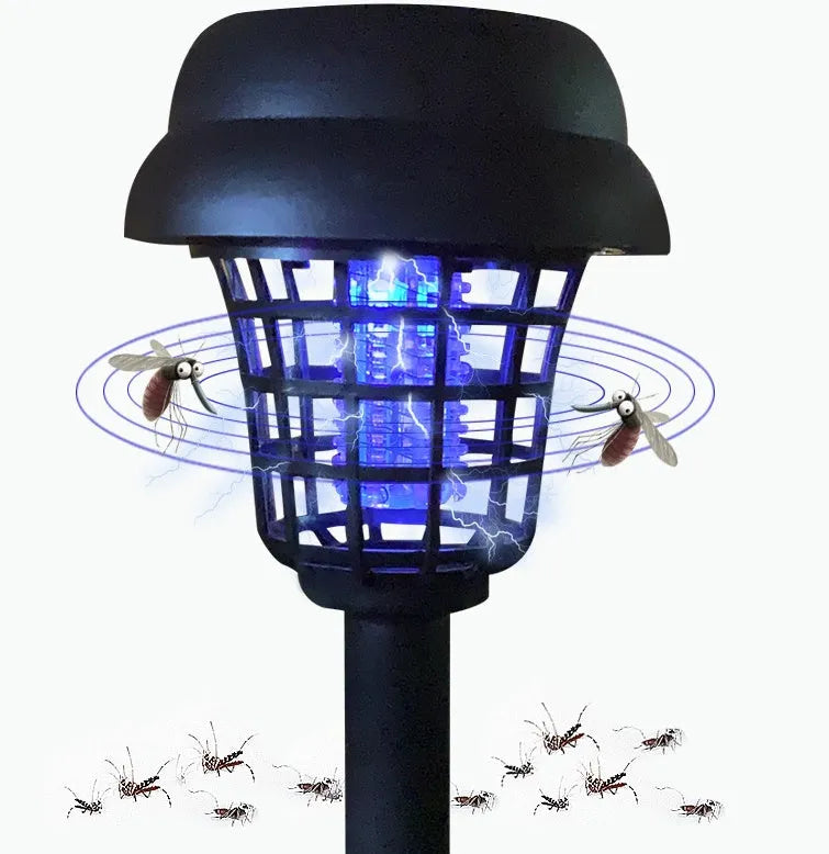 Small white and purple solar-powered mosquito killer lamp for outdoor garden use.