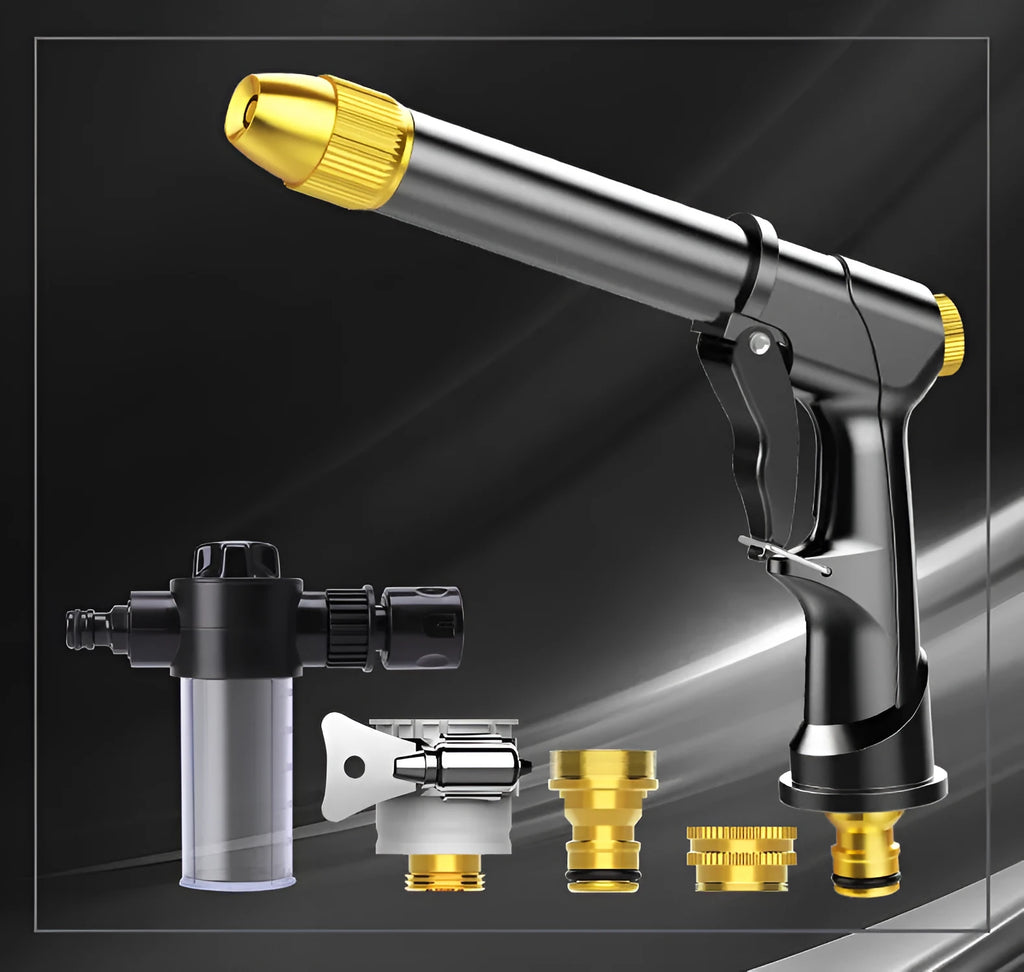 Extended all-metal telescopic garden hose with multi-spray water gun and foam attachment on lawn.
