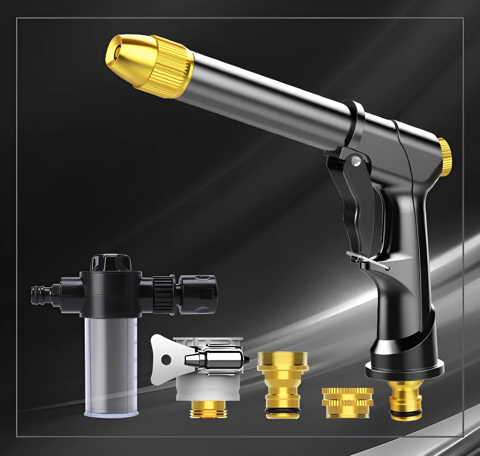 Extended all-metal telescopic garden hose with multi-spray water gun and foam attachment on lawn.