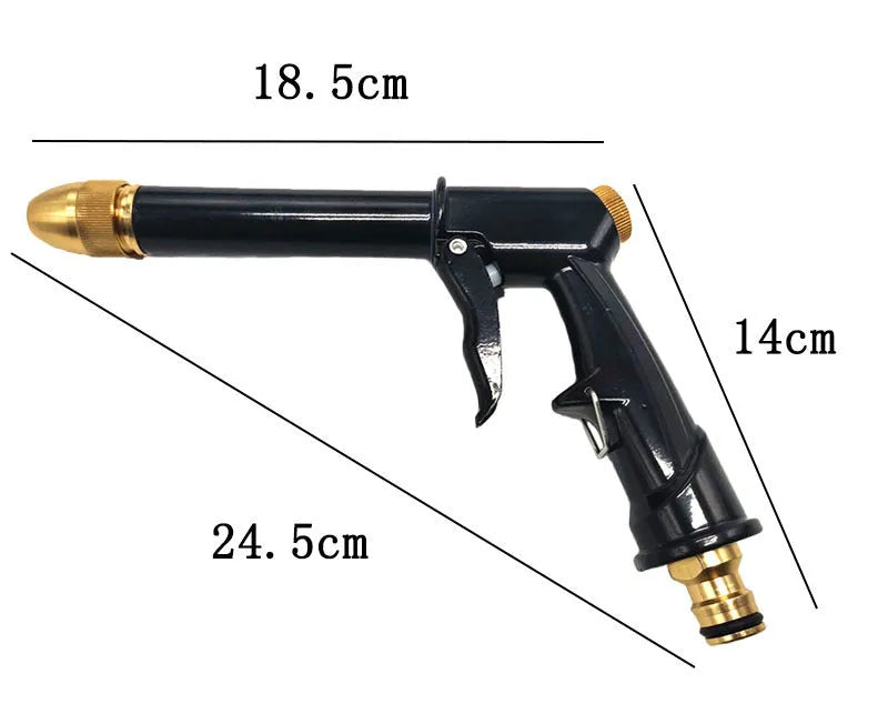 Extended all-metal telescopic garden hose with multi-spray water gun and foam attachment on lawn.