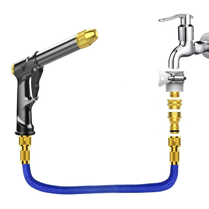 Extended all-metal telescopic garden hose with multi-spray water gun and foam attachment on lawn.