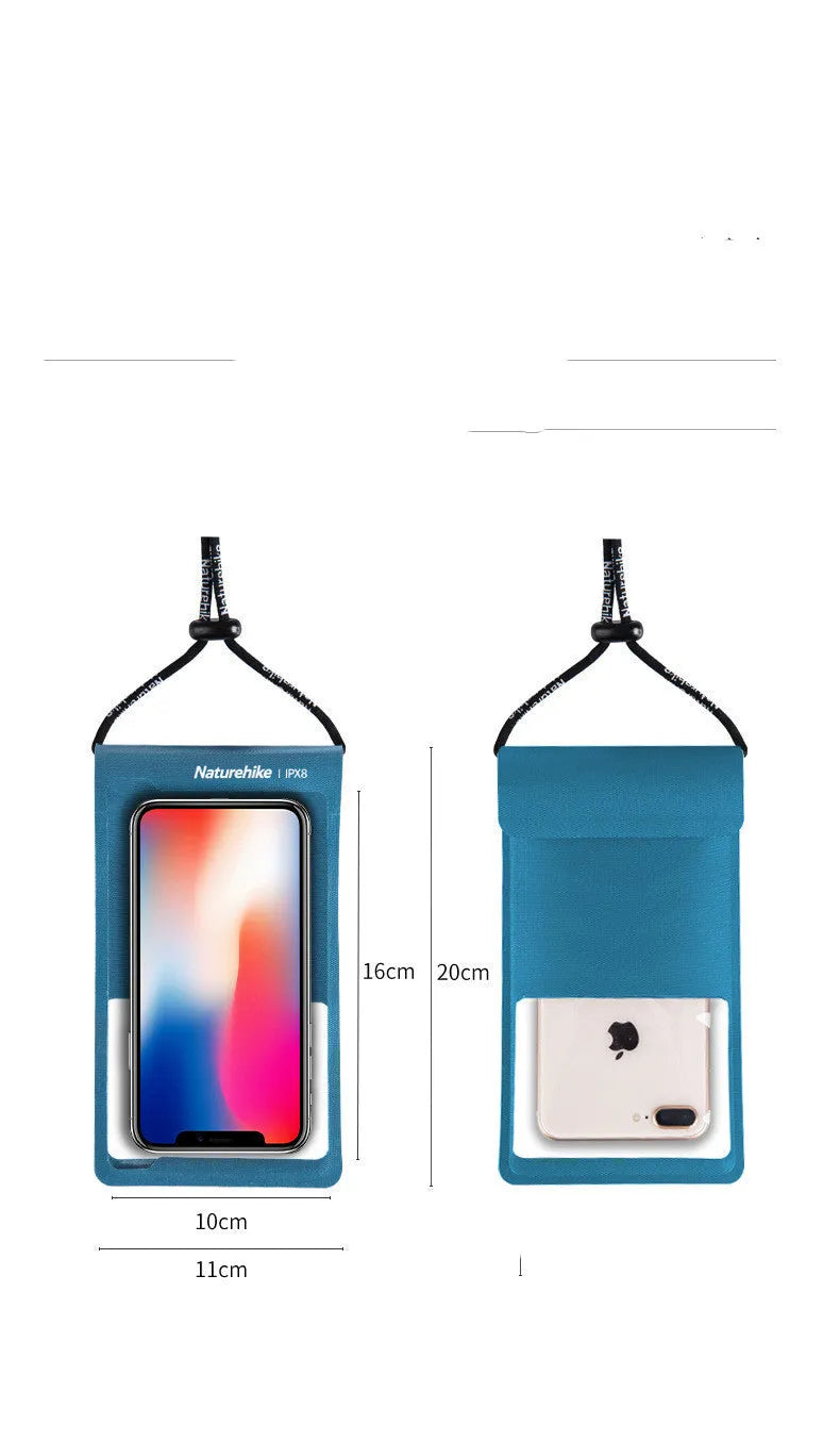 Pack of four IPX8 waterproof phone bags in blue, black, gray, and orange made from 420D nylon with TPU membrane