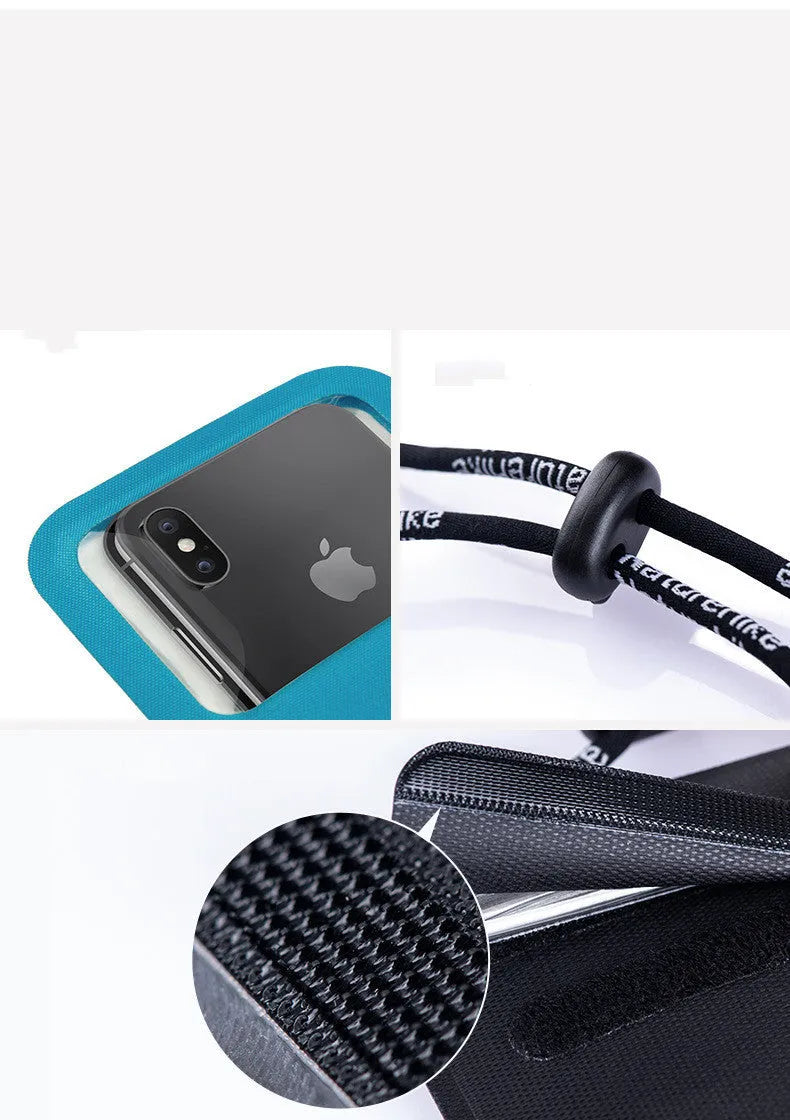 Pack of four IPX8 waterproof phone bags in blue, black, gray, and orange made from 420D nylon with TPU membrane