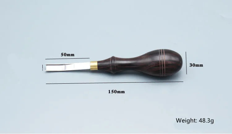Leather hand tools kit with sectional cutting knife and wide shovel edge thinner for skiving.