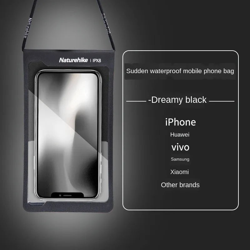 Pack of four IPX8 waterproof phone bags in blue, black, gray, and orange made from 420D nylon with TPU membrane