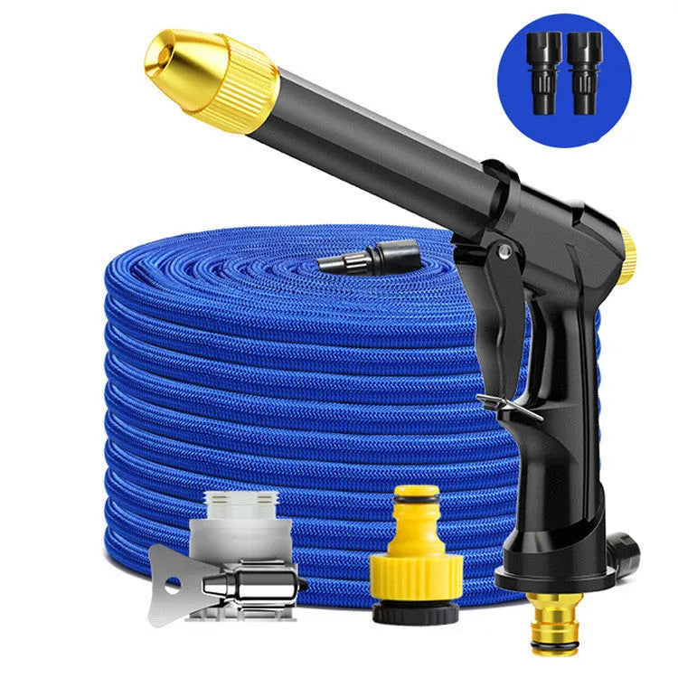 Extended all-metal telescopic garden hose with multi-spray water gun and foam attachment on lawn.