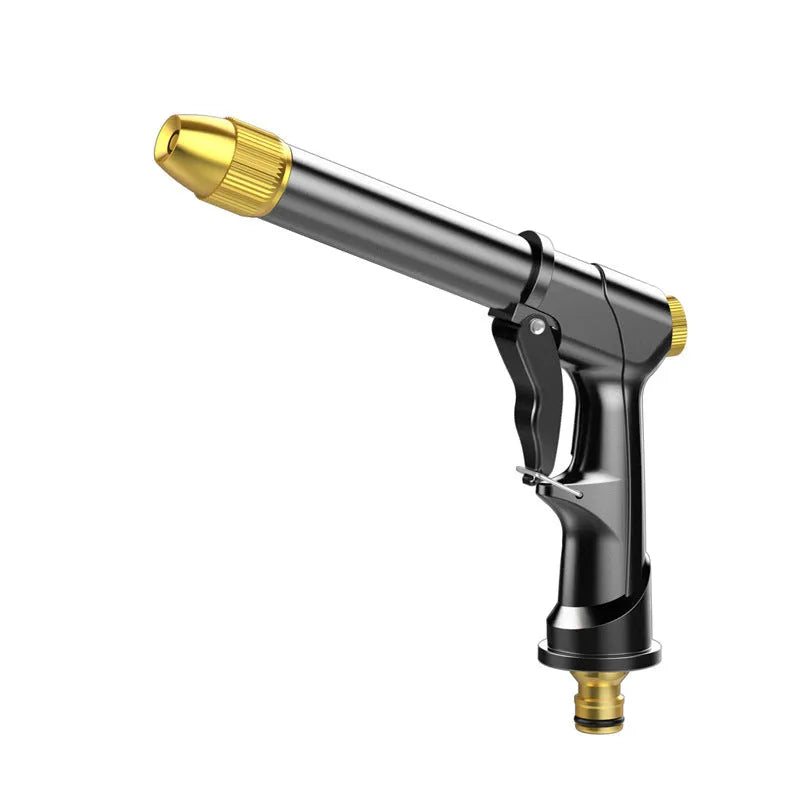 Extended all-metal telescopic garden hose with multi-spray water gun and foam attachment on lawn.