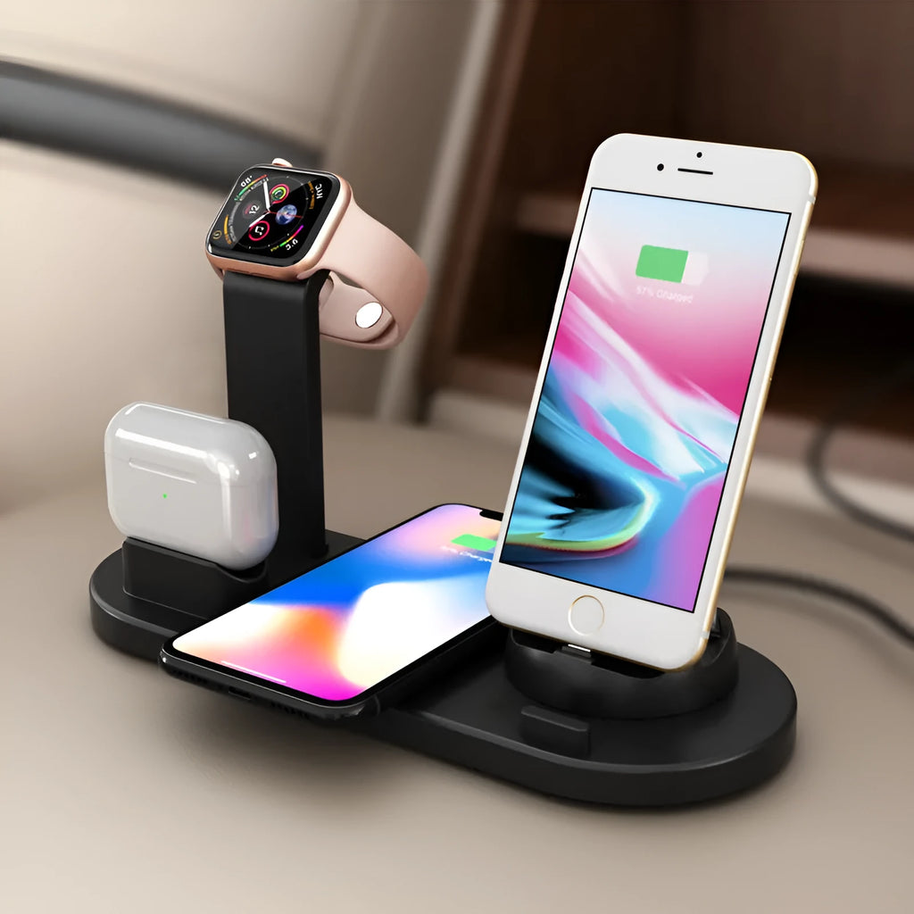 Three-in-one wireless charging stand holding iPhone, Apple Watch and AirPods in black colour option