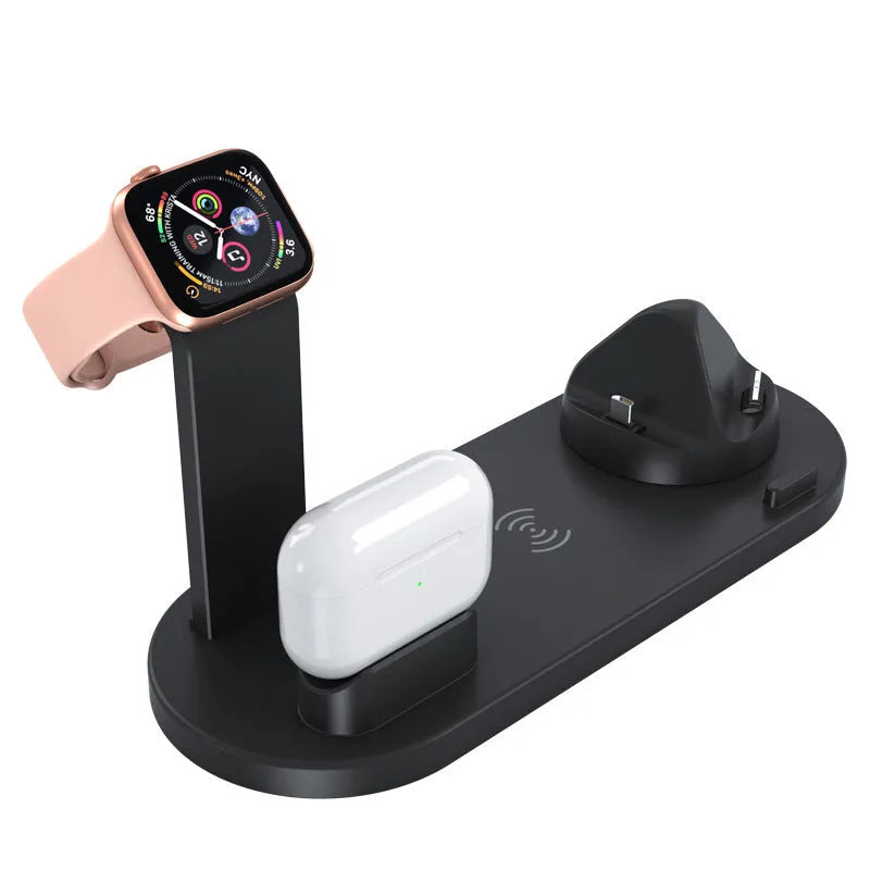 Three-in-one wireless charging stand holding iPhone, Apple Watch and AirPods in black colour option