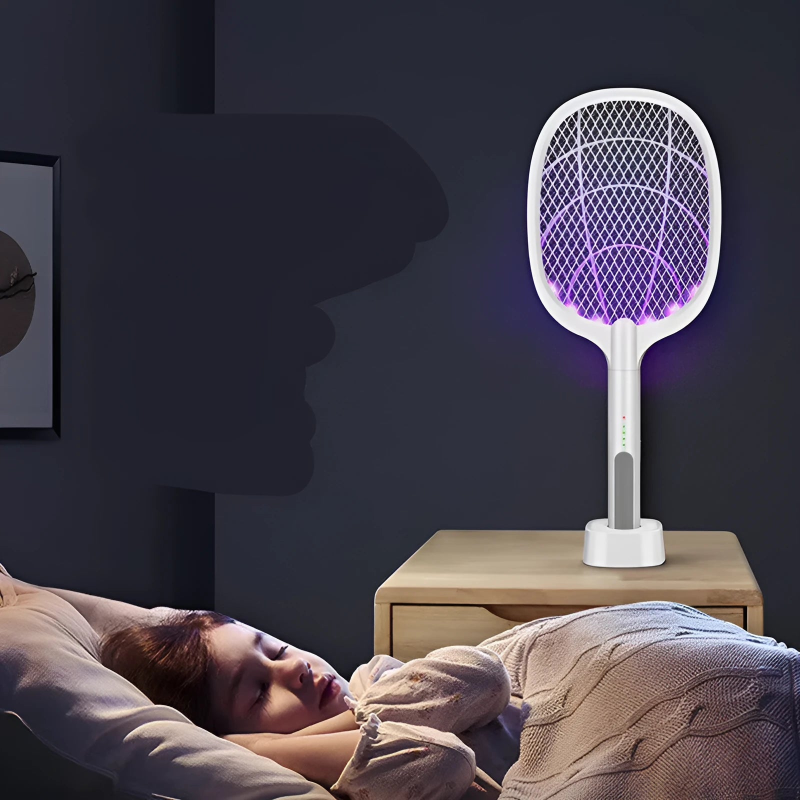 Handheld rechargeable electric mosquito swatter with a two-layer metal mesh grid and a black handle.
