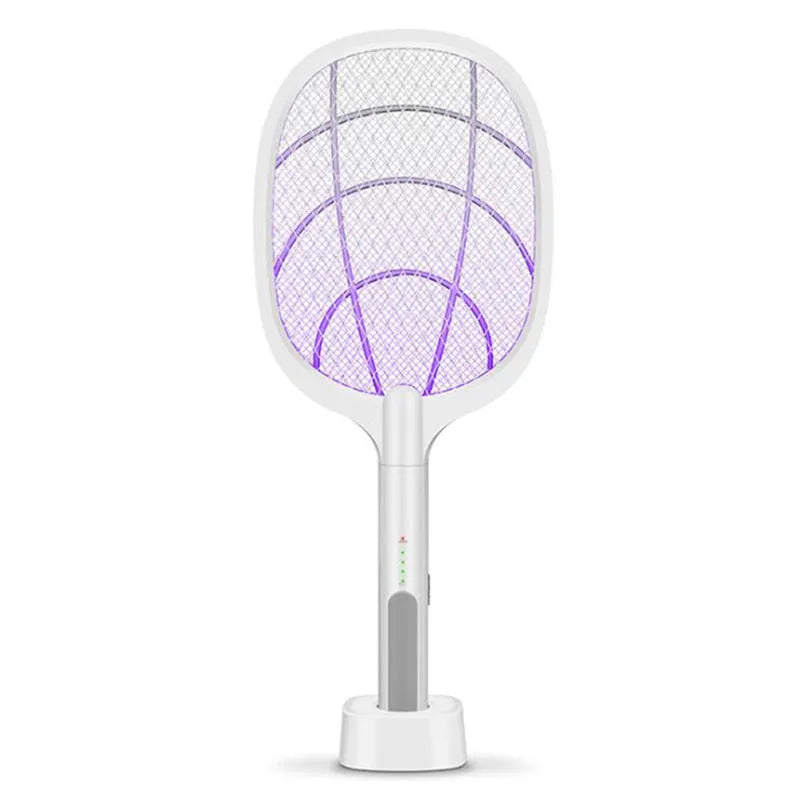 Handheld rechargeable electric mosquito swatter with a two-layer metal mesh grid and a black handle.