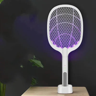 Handheld rechargeable electric mosquito swatter with a two-layer metal mesh grid and a black handle.