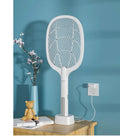 Handheld rechargeable electric mosquito swatter with a two-layer metal mesh grid and a black handle.