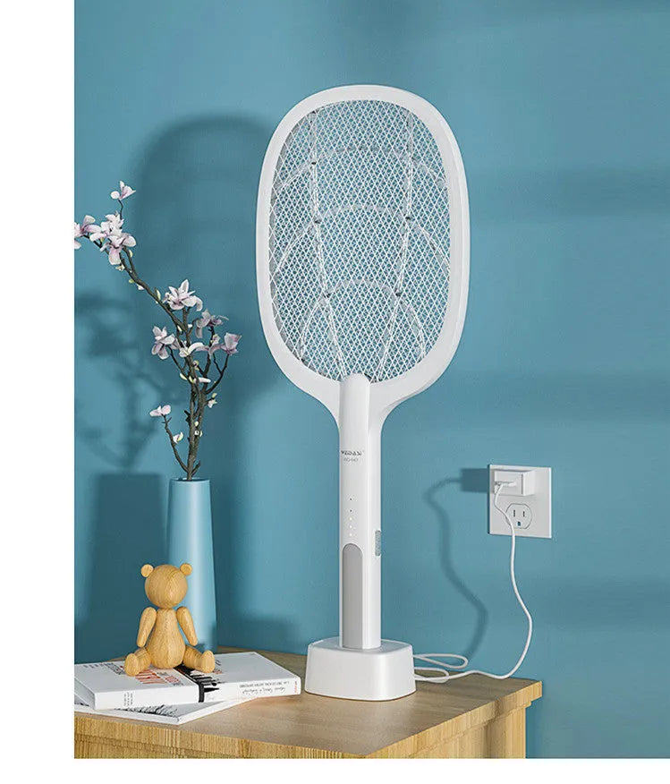 Handheld rechargeable electric mosquito swatter with a two-layer metal mesh grid and a black handle.
