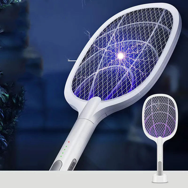 Handheld rechargeable electric mosquito swatter with a two-layer metal mesh grid and a black handle.