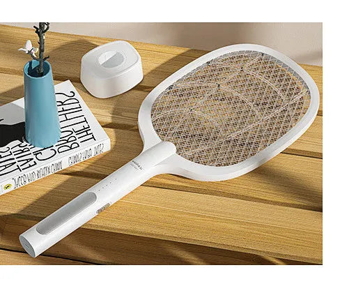 Handheld rechargeable electric mosquito swatter with a two-layer metal mesh grid and a black handle.