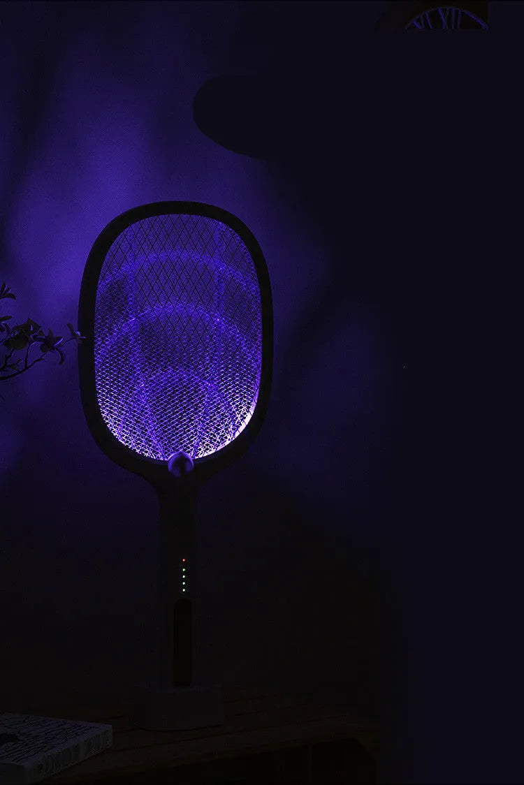 Handheld rechargeable electric mosquito swatter with a two-layer metal mesh grid and a black handle.