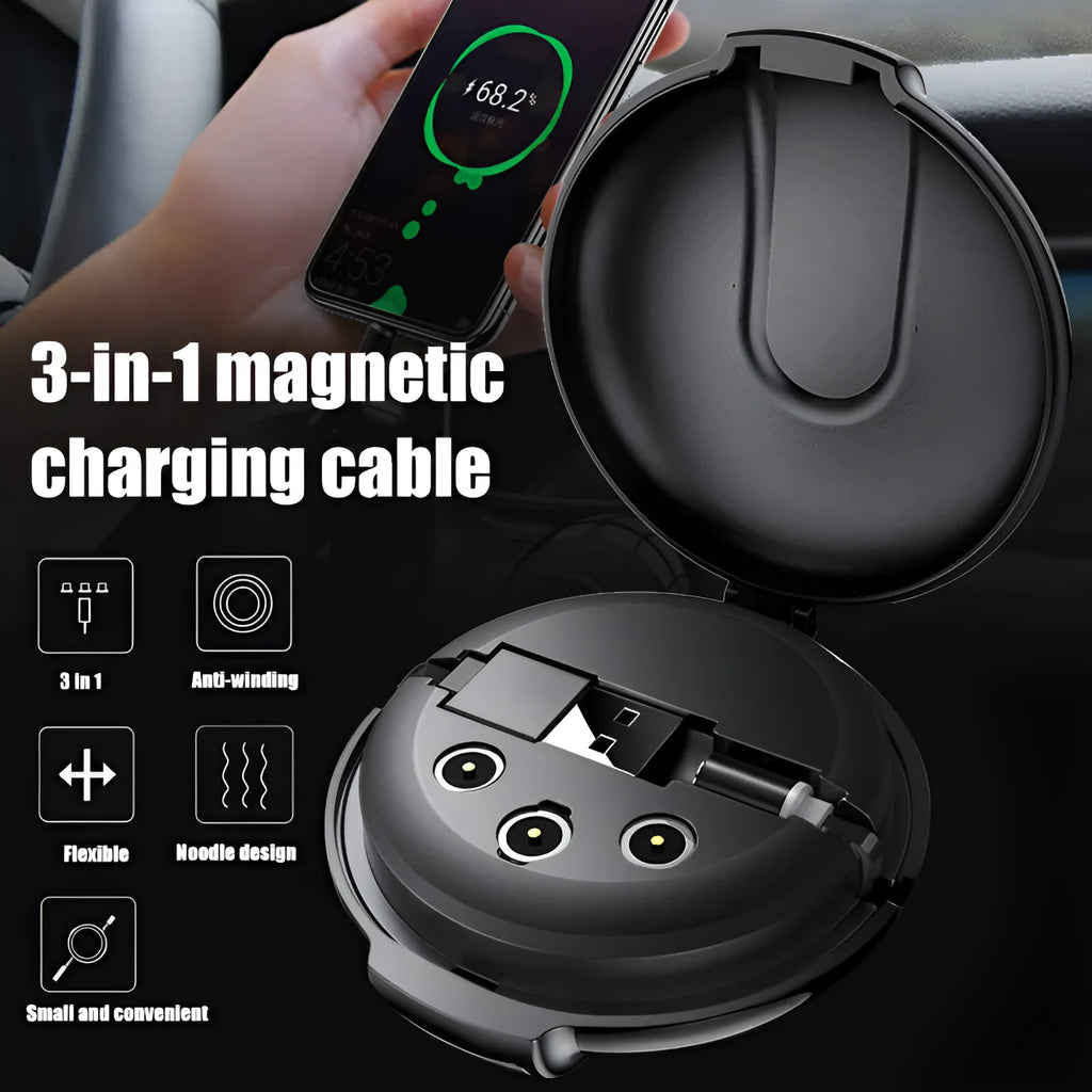 Black 3-in-1 magnetic retractable car phone charger with three plug heads and magnetic patch