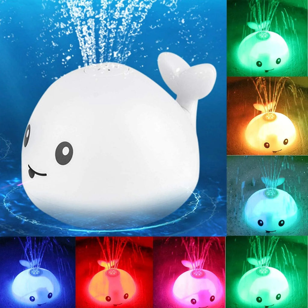 Whale-shaped electric bath toy with water spray, flashing lights, and automatic water sensing feature