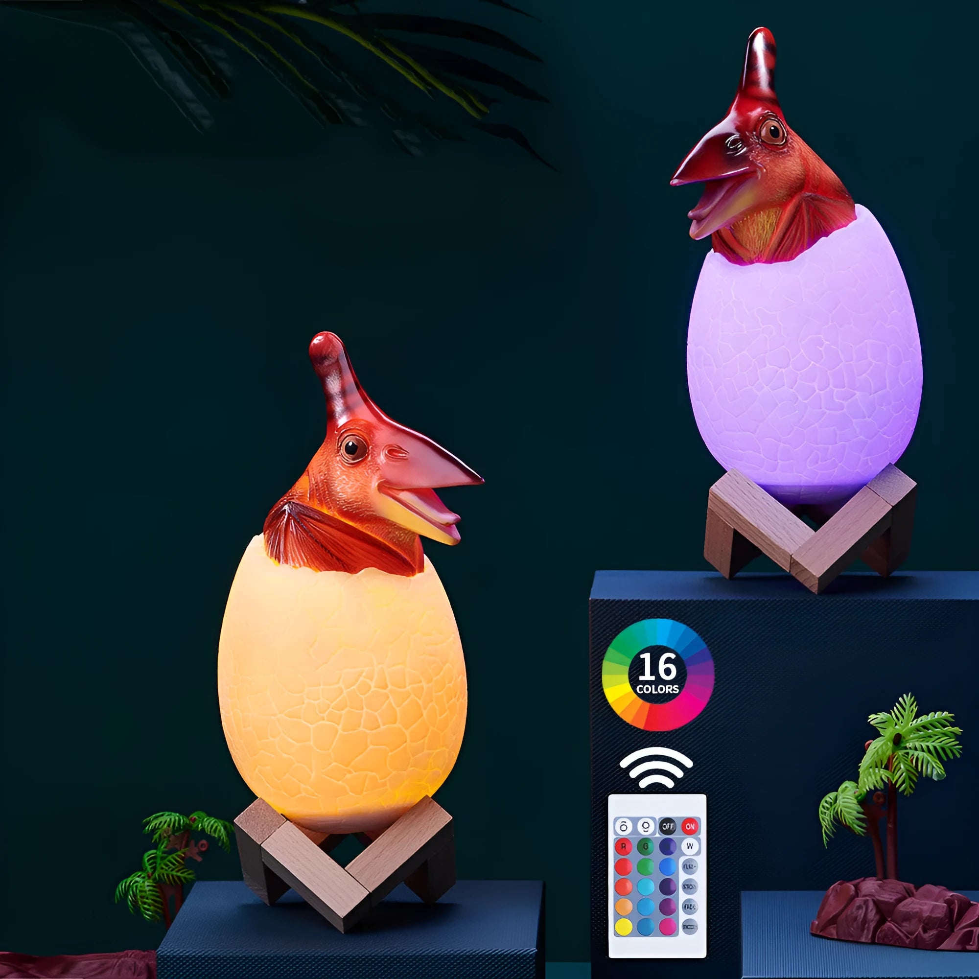 Cool white 3D printed dinosaur touch night light with remote control and wooden stands on a table