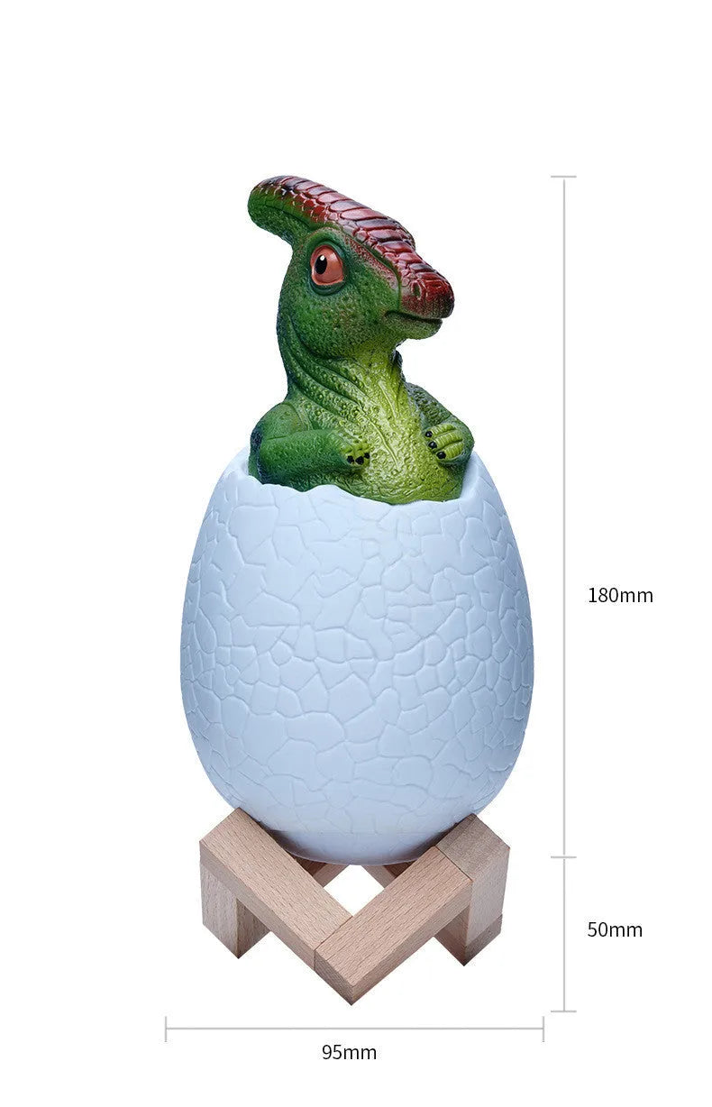 Cool white 3D printed dinosaur touch night light with remote control and wooden stands on a table